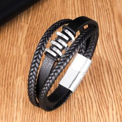 Bransoletka męska skórzana srebrna potrójna mocna dla taty stal