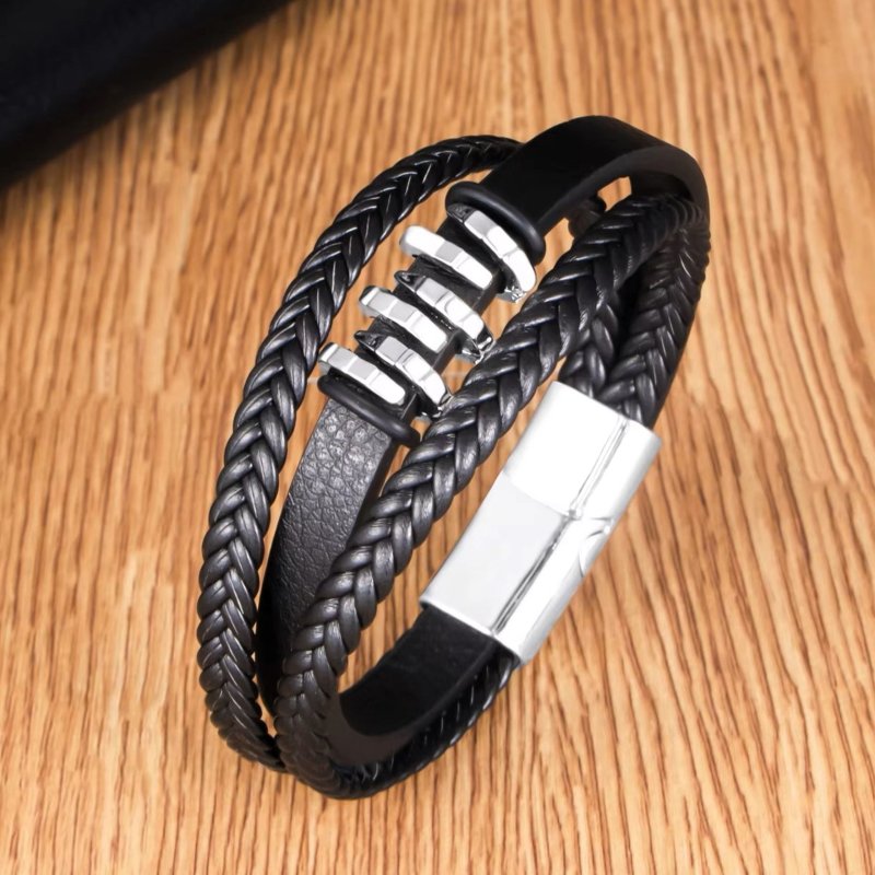 Bransoletka męska skórzana srebrna potrójna mocna dla taty stal