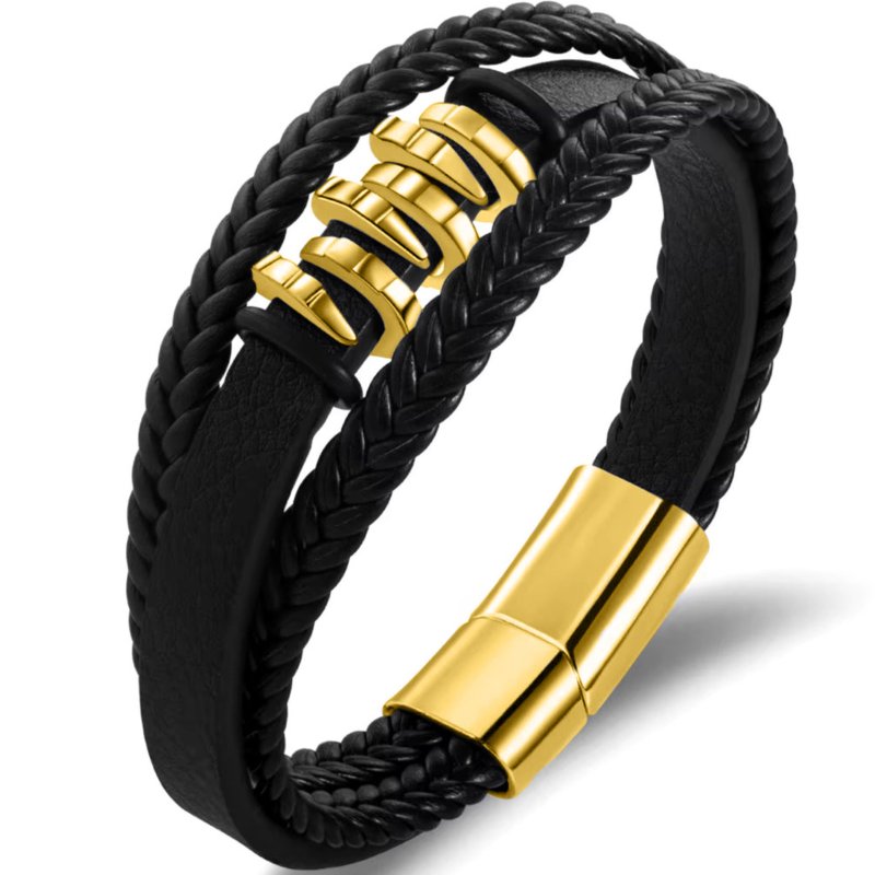 Bransoletka męska skórzana potrójna pozłacana czarna mocna dla taty stal