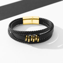 Bransoletka męska skórzana potrójna pozłacana czarna mocna dla taty stal