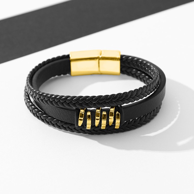 Bransoletka męska skórzana potrójna pozłacana czarna mocna dla taty stal