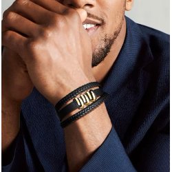 Bransoletka męska skórzana potrójna pozłacana czarna mocna dla taty stal