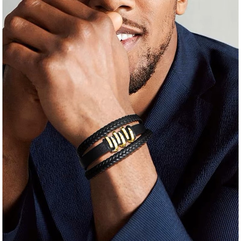 Bransoletka męska skórzana potrójna pozłacana czarna mocna dla taty stal