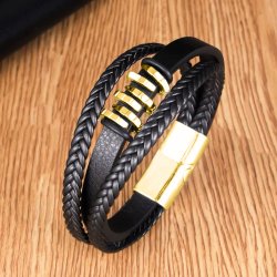 Bransoletka męska skórzana potrójna pozłacana czarna mocna dla taty stal