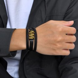 Bransoletka męska skórzana potrójna pozłacana czarna mocna dla taty stal