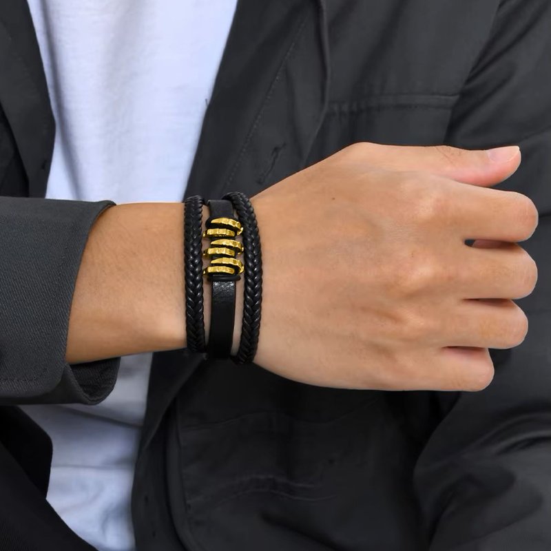 Bransoletka męska skórzana potrójna pozłacana czarna mocna dla taty stal
