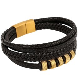 Bransoletka męska skórzana pozłacana poczwórna nierdzewna stal chirurgiczna
