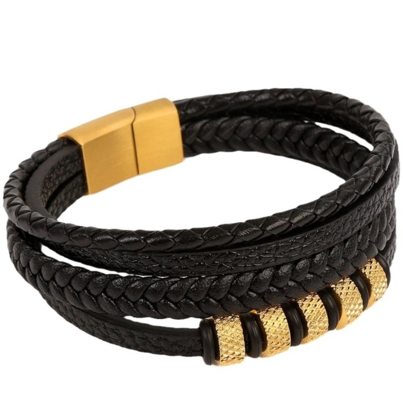 Bransoletka męska skórzana pozłacana poczwórna nierdzewna stal chirurgiczna