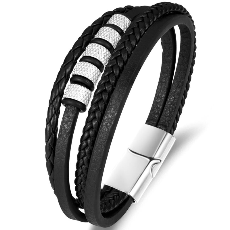 Bransoletka męska skórzana poczwórna srebrna stal chirurgiczna modna mocna