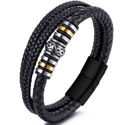 Bransoletka męska skórzana potrójna czarna srebrna pozłacana mocna stal