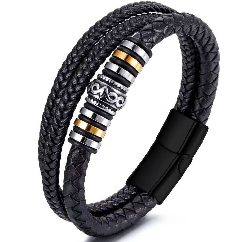 Bransoletka męska skórzana potrójna czarna srebrna pozłacana mocna stal