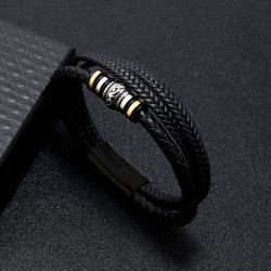 Bransoletka męska skórzana potrójna czarna srebrna pozłacana mocna stal