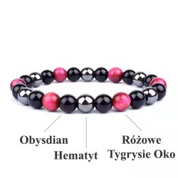 Bransoletka damska kamienie naturalne obysdian hematyt różowe tygrysie oko