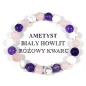 Bransoletka damska naturalne kamienie ametyst biały howlit różowy kwarc