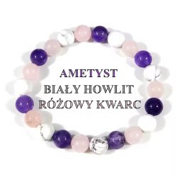 Bransoletka damska naturalne kamienie ametyst biały howlit różowy kwarc