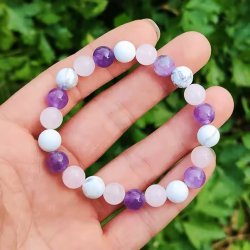 Bransoletka damska naturalne kamienie ametyst biały howlit różowy kwarc