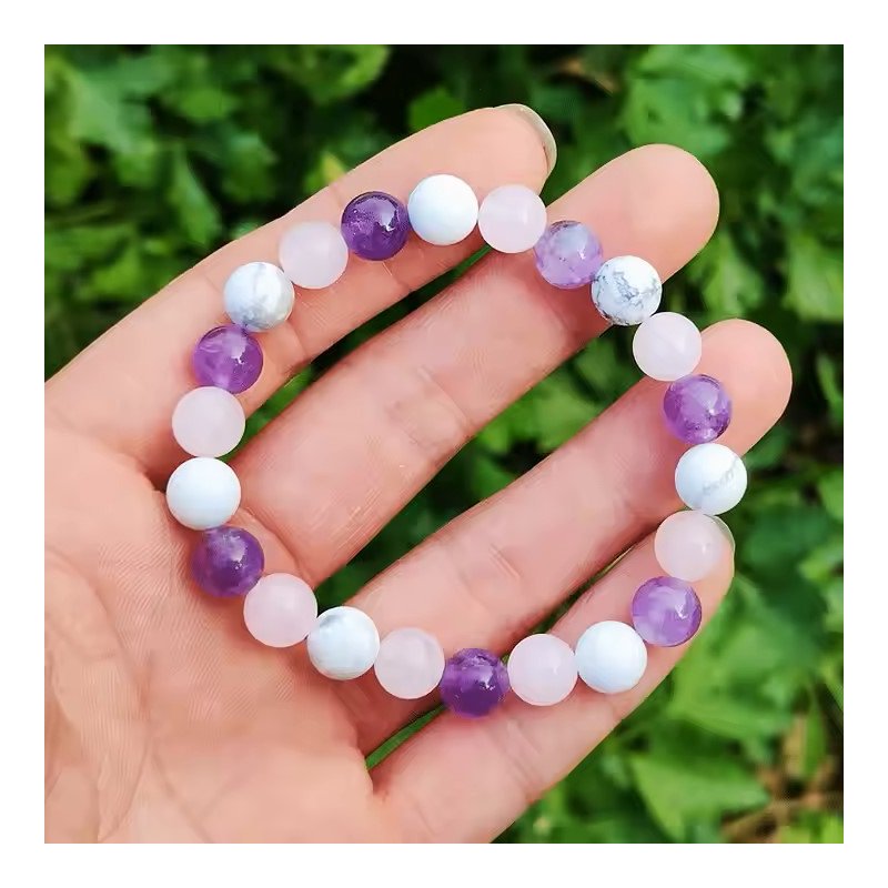 Bransoletka damska naturalne kamienie ametyst biały howlit różowy kwarc
