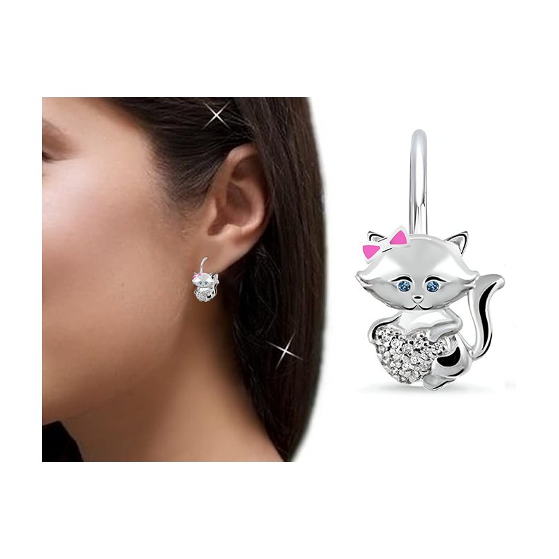 Srebrne kolczyki dla dziewczynki kotki serce srebro 925