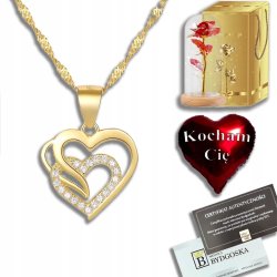 Srebrny naszyjnik serce pozłacany + róża wieczna led w szkle prezent dla kobiety srebro