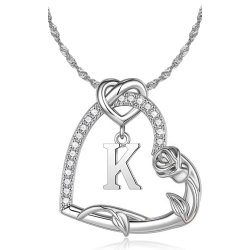 Srebrny naszyjnik litera k serce róża srebro 925