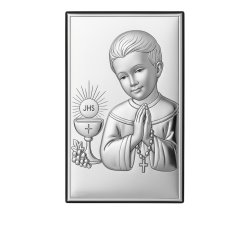 Pamiątka pierwszej komunii świętej srebrny obrazek dla chłopca grawer