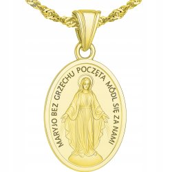 Łańcuszek srebrny duży medalik komunijny matka boska na komunię pozłacany