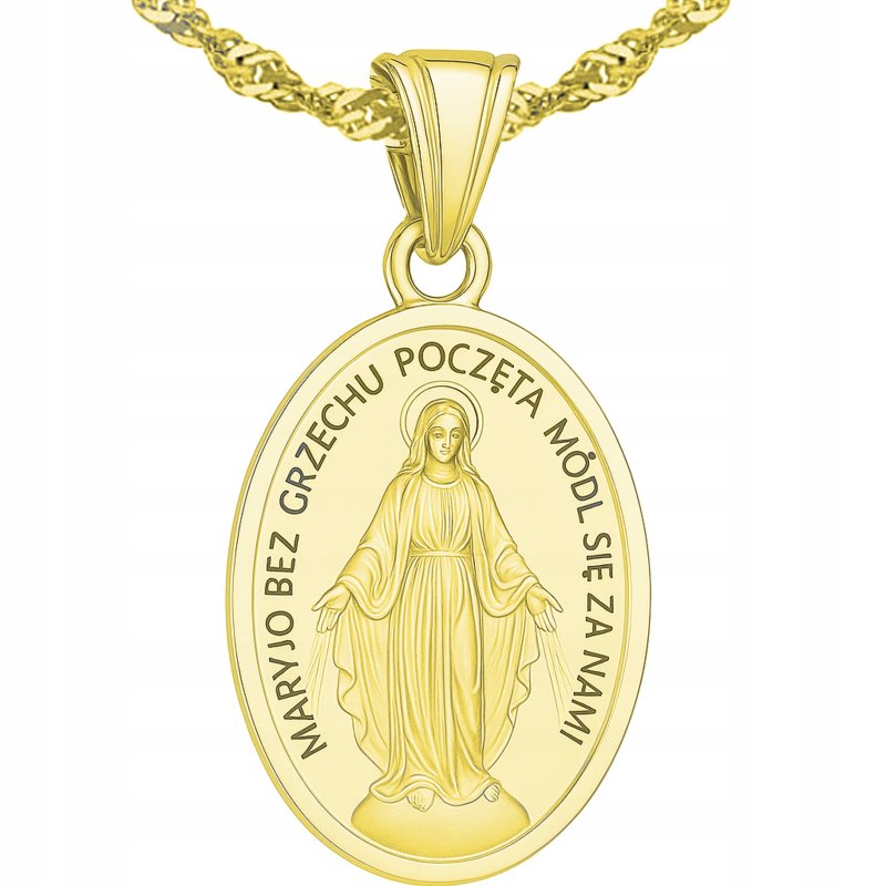 Łańcuszek srebrny duży medalik komunijny matka boska na komunię pozłacany