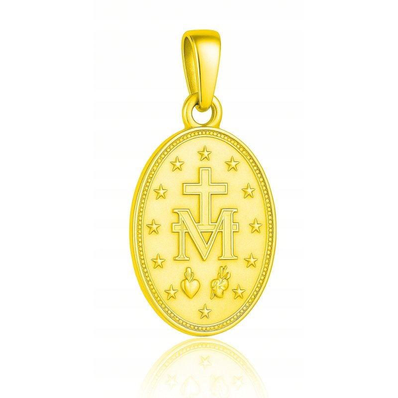 Łańcuszek srebrny duży medalik komunijny matka boska na komunię pozłacany