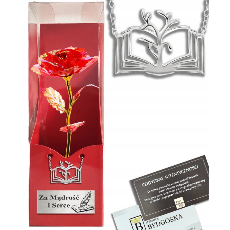 Naszyjnik srebro książka wieczna róża na koniec roku dla nauczyciela wychowawcy grawer