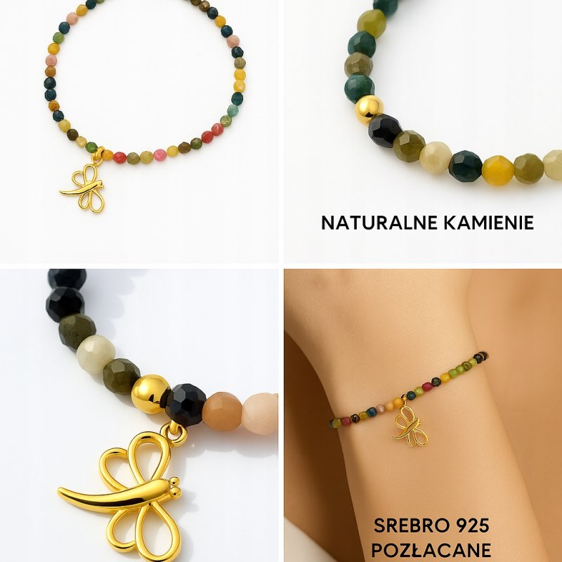 Bransoletka damska z naturalnych kamieni turmalin srebro pozłacane ważka