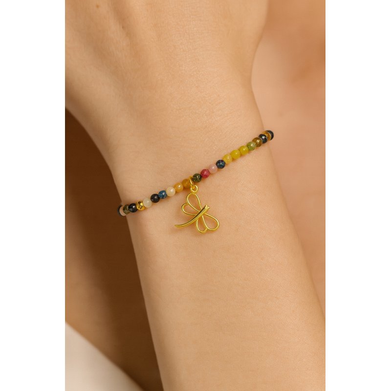 Bransoletka damska z naturalnych kamieni turmalin srebro pozłacane ważka