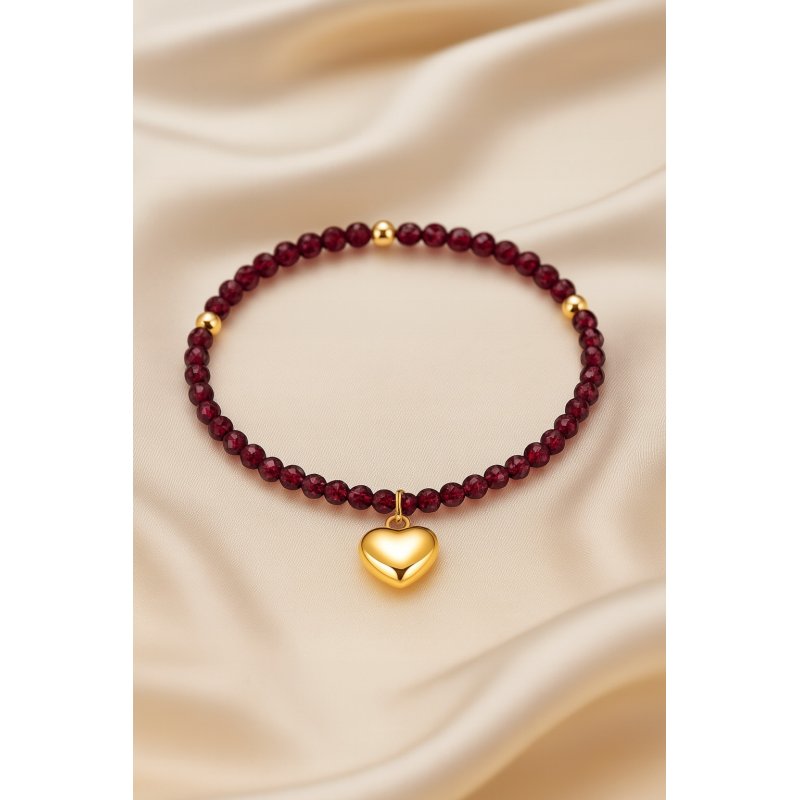 Bransoletka damska z naturalnych kamieni granat srebro pozłacane serce