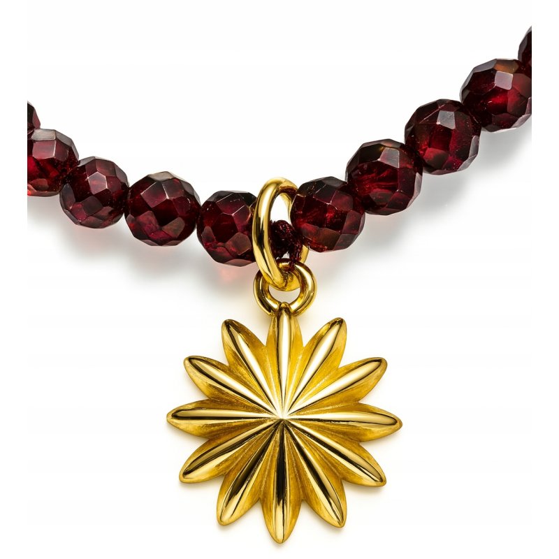 Bransoletka damska z naturalnych kamieni granat srebro pozłacane słońce