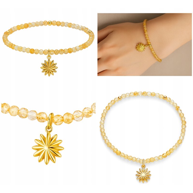 Srebrna bransoletka damska z naturalnym cytrynem srebro pozłacane gwiazda