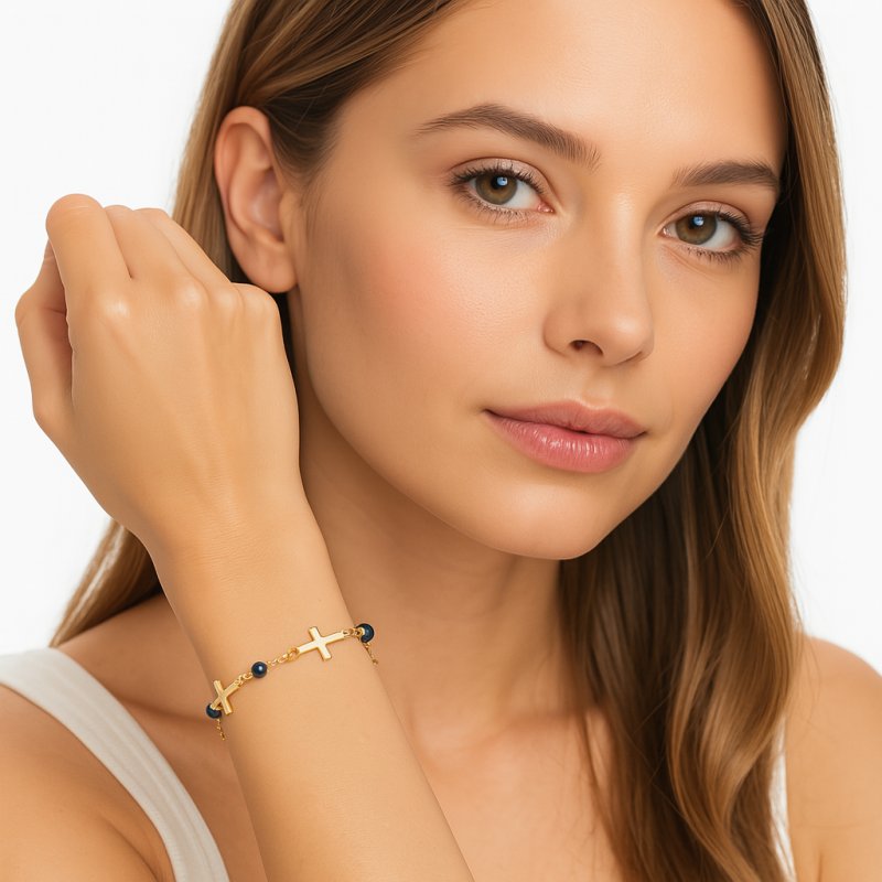 Srebrna bransoletka damska z onyksem srebro pozłacane krzyż