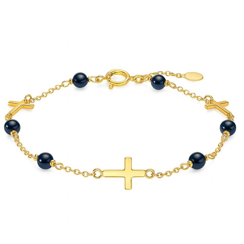 Srebrna bransoletka damska z onyksem srebro pozłacane krzyż