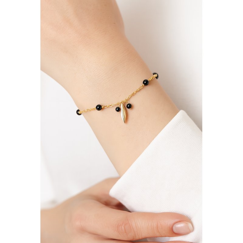 Srebrna bransoletka damska z onyksem srebro pozłacane listek