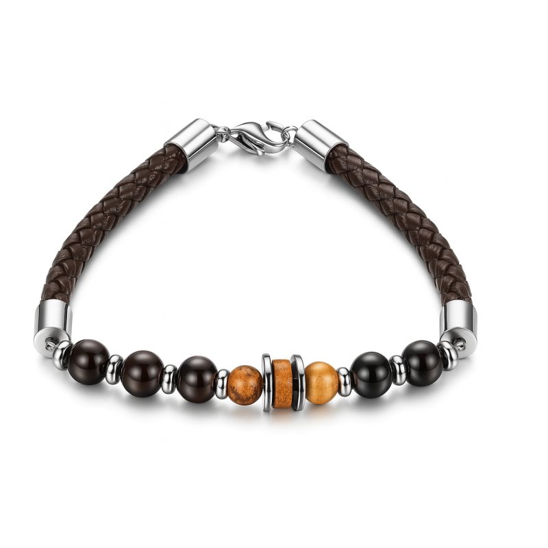 Bransoletka męska skórzana stal chirurgiczna naturalne kamienie drewno