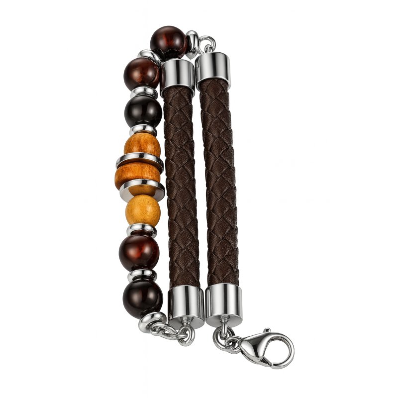 Bransoletka męska skórzana stal chirurgiczna naturalne kamienie drewno