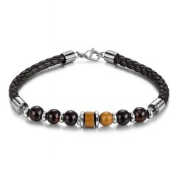 Bransoletka męska skórzana stal chirurgiczna naturalne kamienie drewno