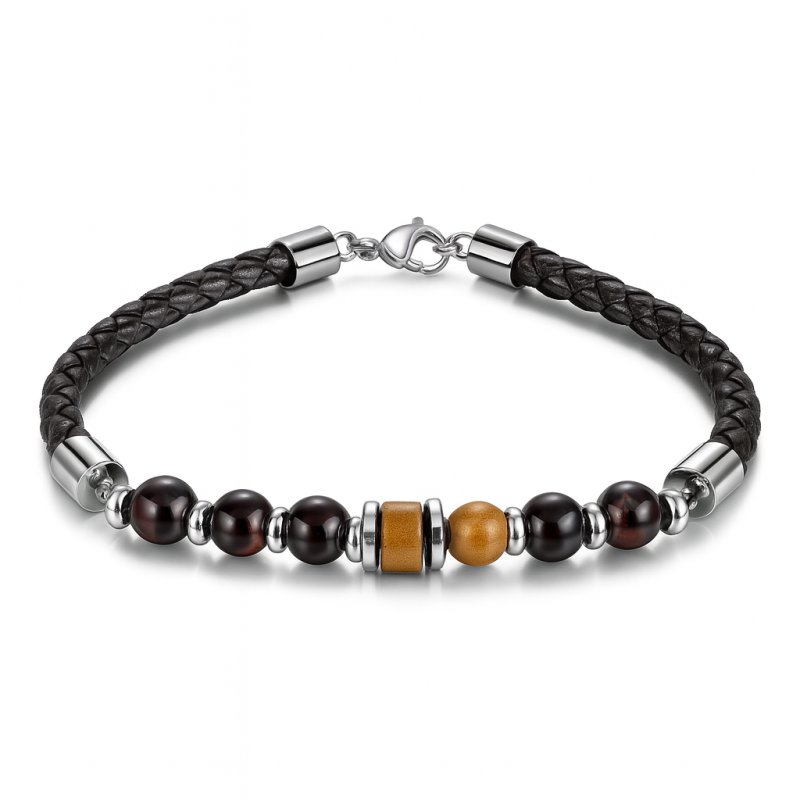 Bransoletka męska skórzana stal chirurgiczna naturalne kamienie drewno