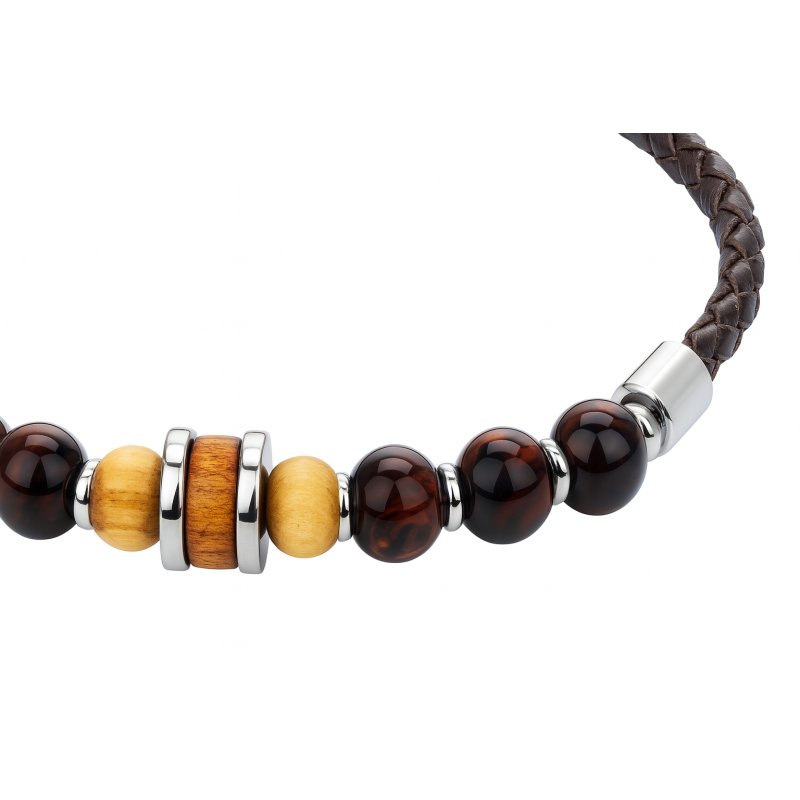 Bransoletka męska skórzana stal chirurgiczna naturalne kamienie drewno