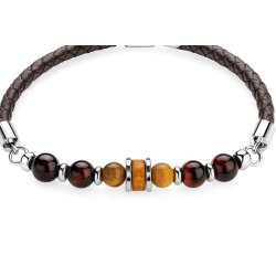 Bransoletka męska skórzana stal chirurgiczna naturalne kamienie drewno