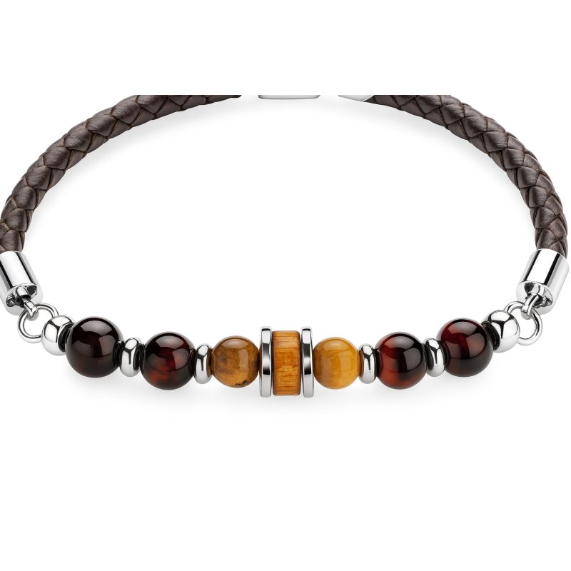 Bransoletka męska skórzana stal chirurgiczna naturalne kamienie drewno