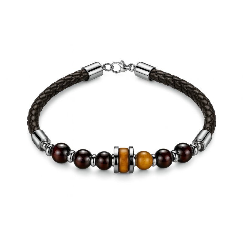 Bransoletka męska skórzana stal chirurgiczna naturalne kamienie drewno