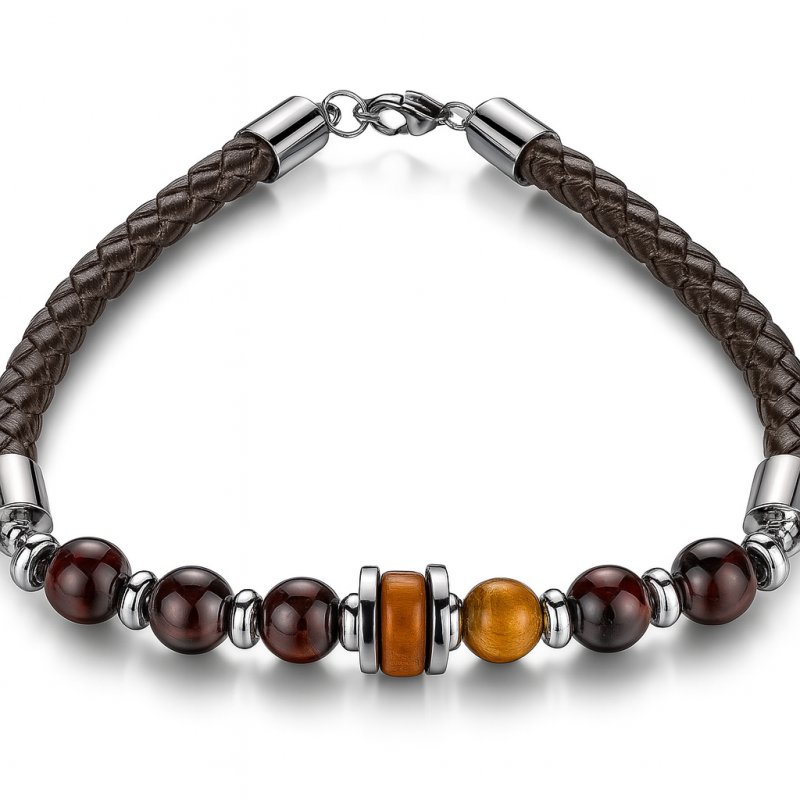 Bransoletka męska skórzana stal chirurgiczna naturalne kamienie drewno
