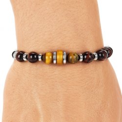 Bransoletka męska skórzana stal chirurgiczna naturalne kamienie drewno