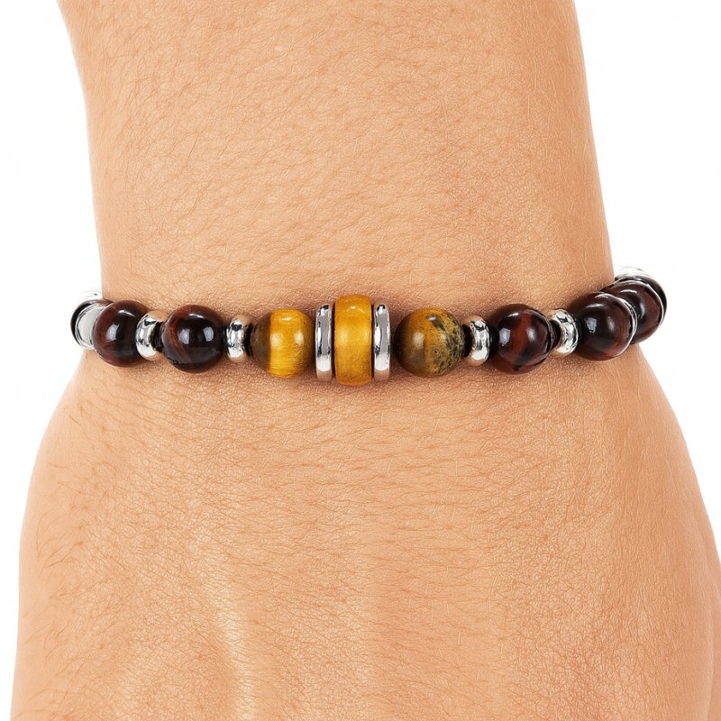 Bransoletka męska skórzana stal chirurgiczna naturalne kamienie drewno