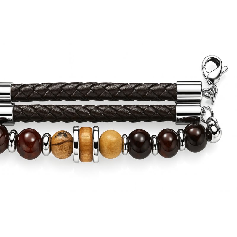Bransoletka męska skórzana stal chirurgiczna naturalne kamienie drewno