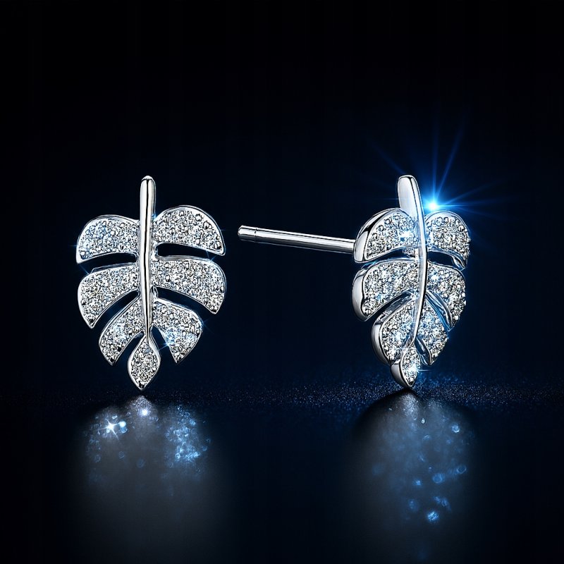 Srebrne kolczyki rodowane wkrętki sztyfty liście na przyjęcie wesele